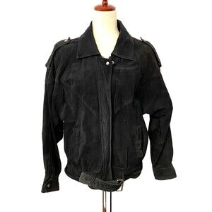 Vtg G4000 Women's M Black Suede Leather Jacket Belted Snake Embossed Moto Crop